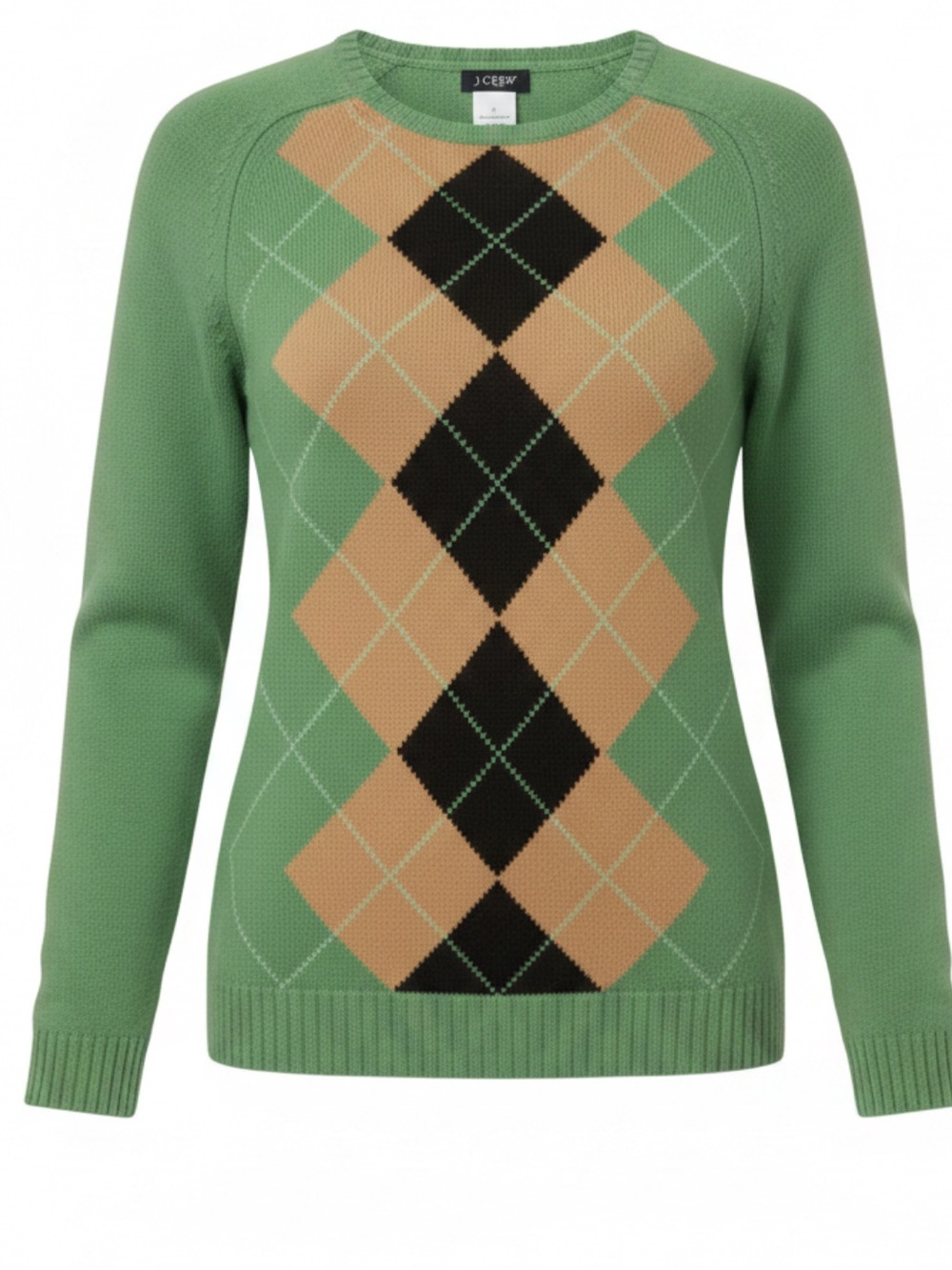 J. Crew Women's Green Argyle Crewneck Sweater 100% Lambs Wool.